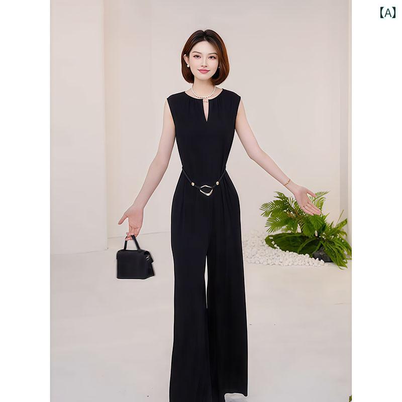 オールインワン レディース おしゃれ 夏 無地 ノースリーブ ワイドパンツ 上品 着痩せ 大人 体型カバー シンプル