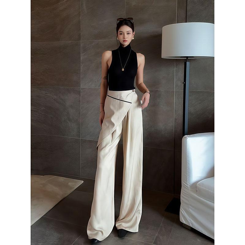 セットアップ レディース おしゃれ 夏 黒 ノースリーブ トップス ハイウエスト ワイドパンツ 体型カバー 上品