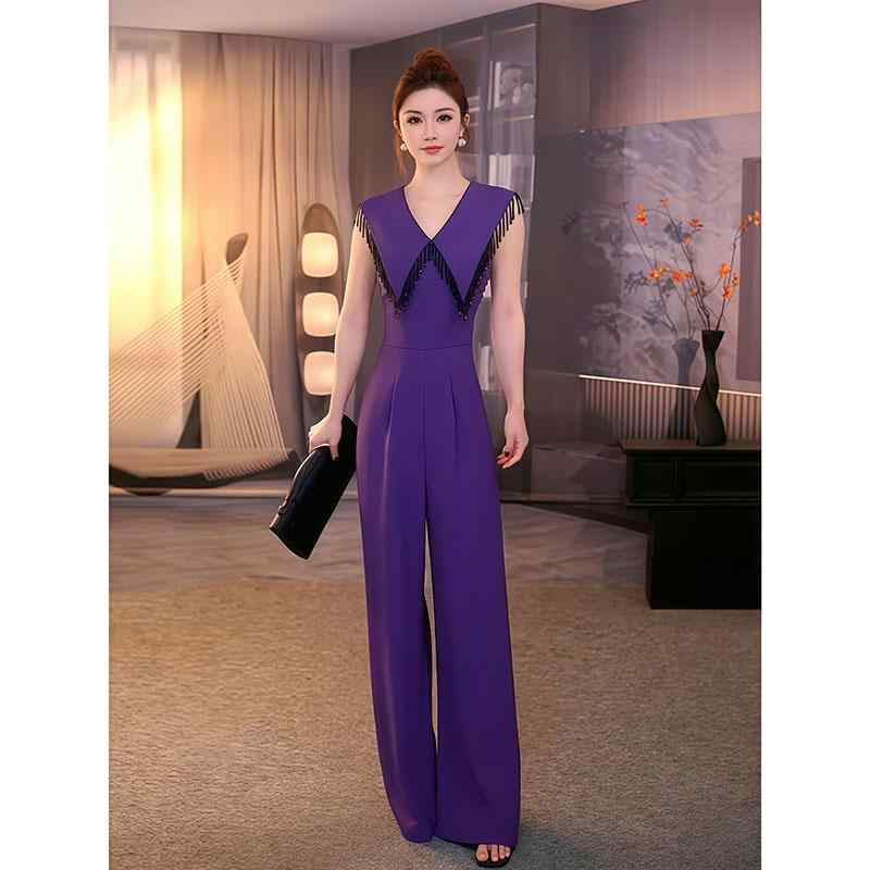 オールインワン レディース おしゃれ パープル Vネック ノースリーブ スタイルアップ 夏 小顔効果 ワイドパンツ