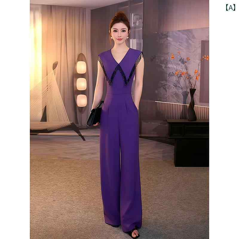 オールインワン レディース おしゃれ パープル Vネック ノースリーブ スタイルアップ 夏 小顔効果 ワイドパンツ