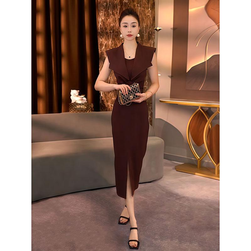 ワンピース ノースリーブ タイト ハイウエスト 無地 スリット プリーツ 上品 細見え