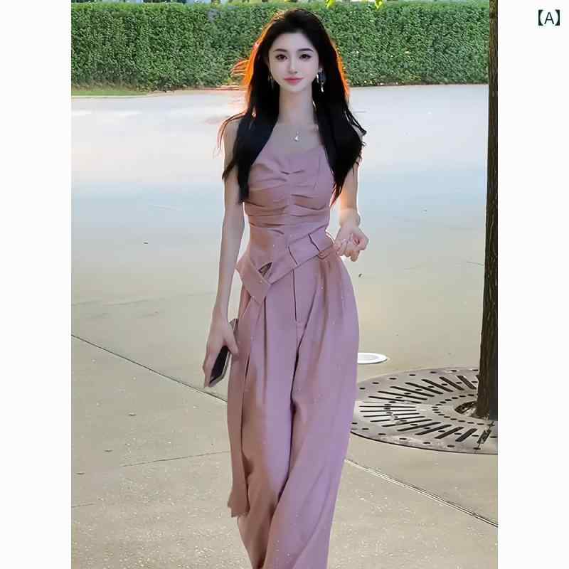 セットアップ レディース おしゃれ 夏 キャミソール ハイウエスト ワイドパンツ ピンク 上下セット かわいい