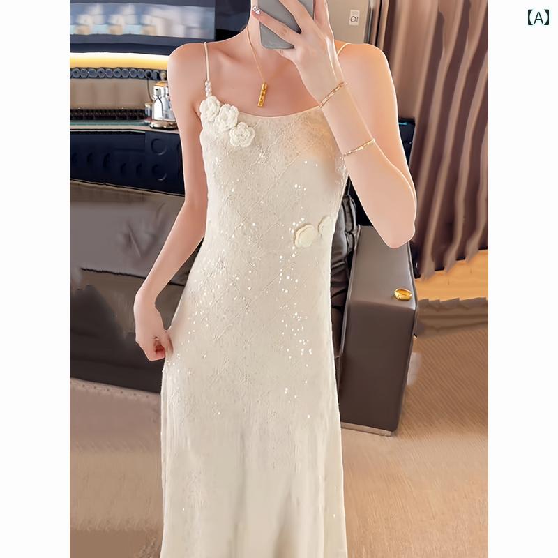 ワンピース レディース おしゃれ 夏 フェミニン レース スリム 風 ウエストマーク キャミソール ロング