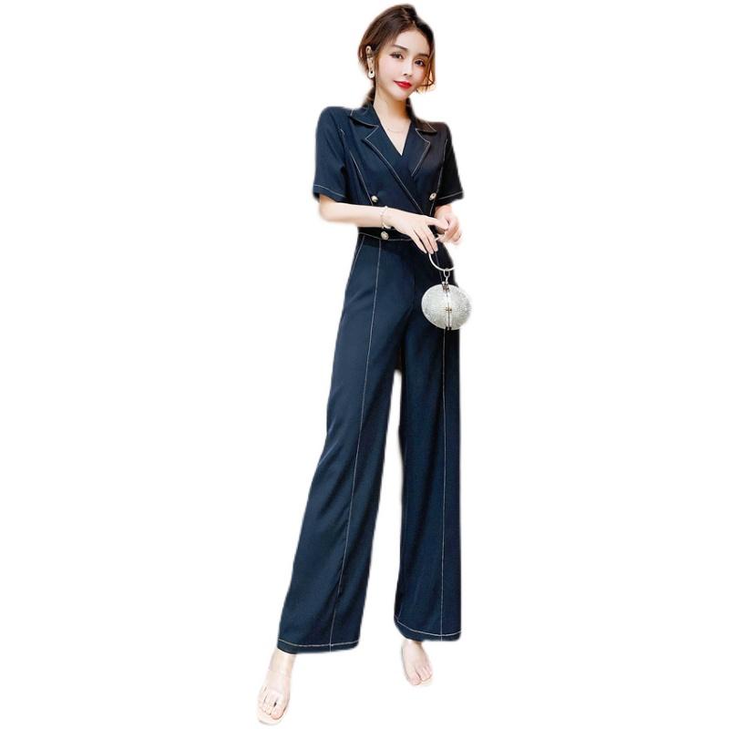 ジャンプスーツ レディース おしゃれ 夏 薄手 ブルー スーツ襟 ワイドパンツ 半袖 上品 きれいめ 体型カバー オールインワン
