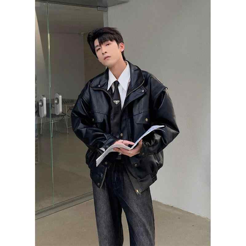 ジャケット メンズ おしゃれ 春秋 ワイルド ショート ゆったり こなれ感 バイカー フラップポケット カジュアル 襟 シンプル