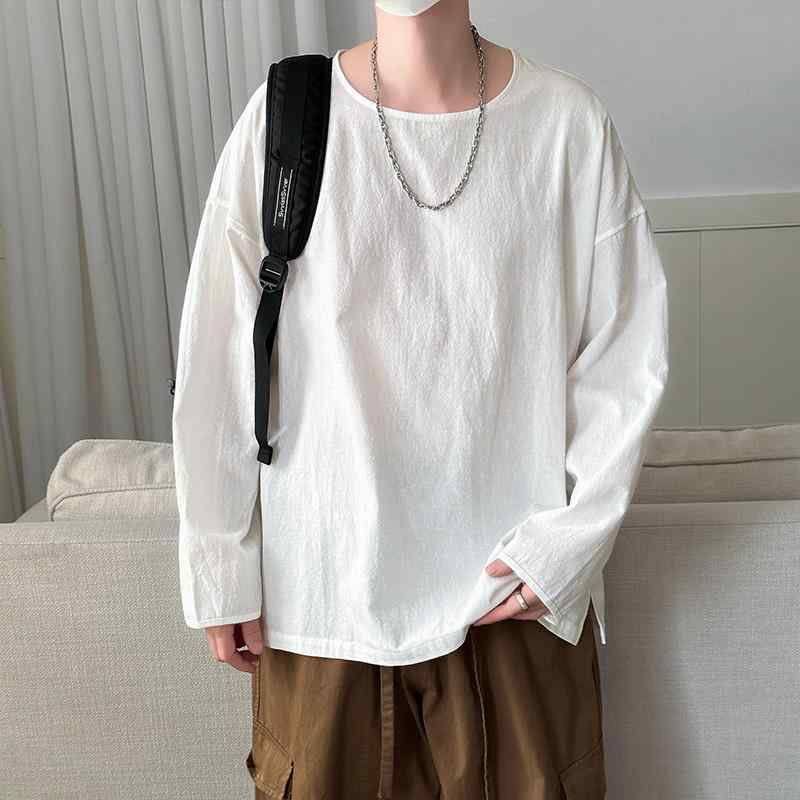 Tシャツ メンズ おしゃれ 長袖 綿麻 春秋 白 中国風 レトロ アンティーク調 シンプル ゆったり