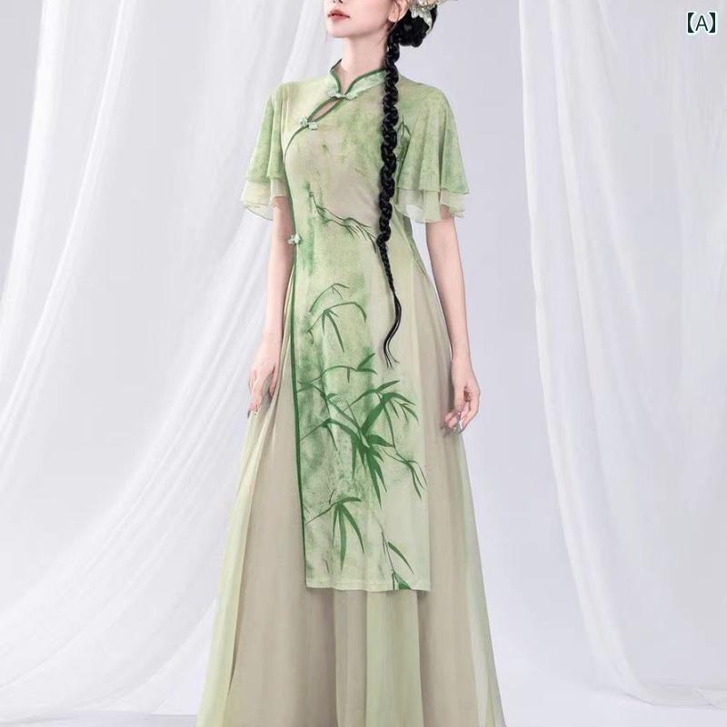 チャイナ風 衣装 中国風 ダンス レトロ 舞踊 演出 袴 スカートパンツ 練習用 フィットネス 上品 透け感 シフォン 竹柄 表現力 ステージ