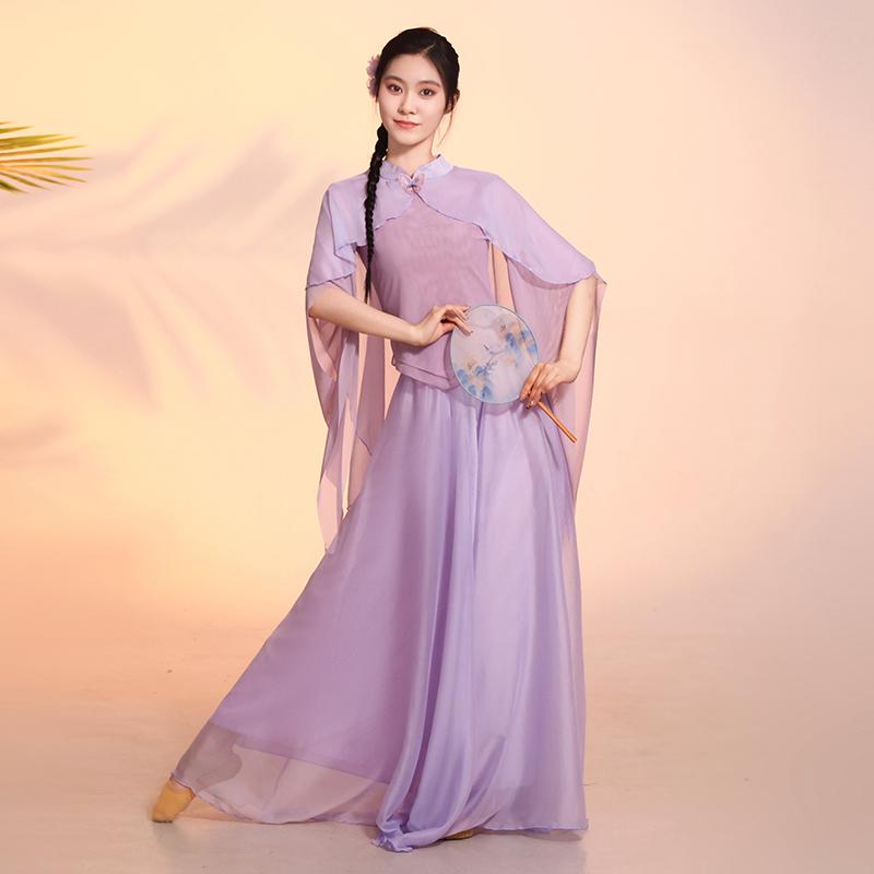 舞踊衣装 レディース おしゃれ チーパオ襟 中華風 レトロ 着物風 練習服 演出衣装 透け感 ロング丈 フレア袖 優雅 シースルー