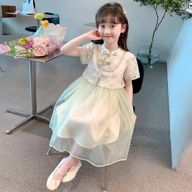 漢服 子供 夏 おしゃれ 女の子 ドレス 半袖 メッシュ スタンドカラー チャイナボタ...