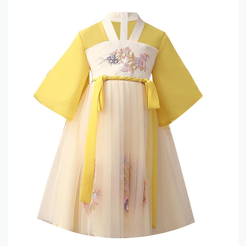 漢服 子供 おしゃれ 薄手 女の子 キッズ ドレス チャイナ風 5分袖 夏 刺繍 花 蝶 装飾 ウエスト リボン 紐 レトロ 衣装 写真 撮影 お出かけ バックジッパー ふんわり シースルー黄色 ピンク 青