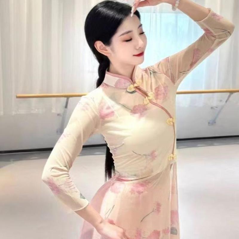 チャイナ風 トップス レディース おしゃれ ダンス 演出用 花柄 七分袖 レトロ 大人 エレガント シアー 上品 練習服