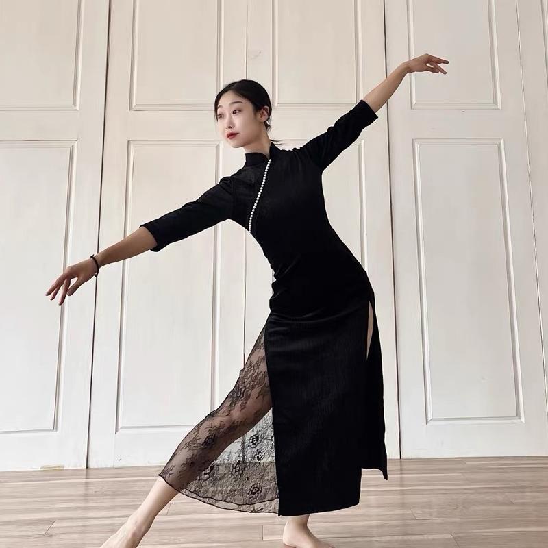 チャイナ風 ワンピース 衣装 レディース おしゃれ ダンス 黒 レース パール飾り スリット 民国 きれいめ