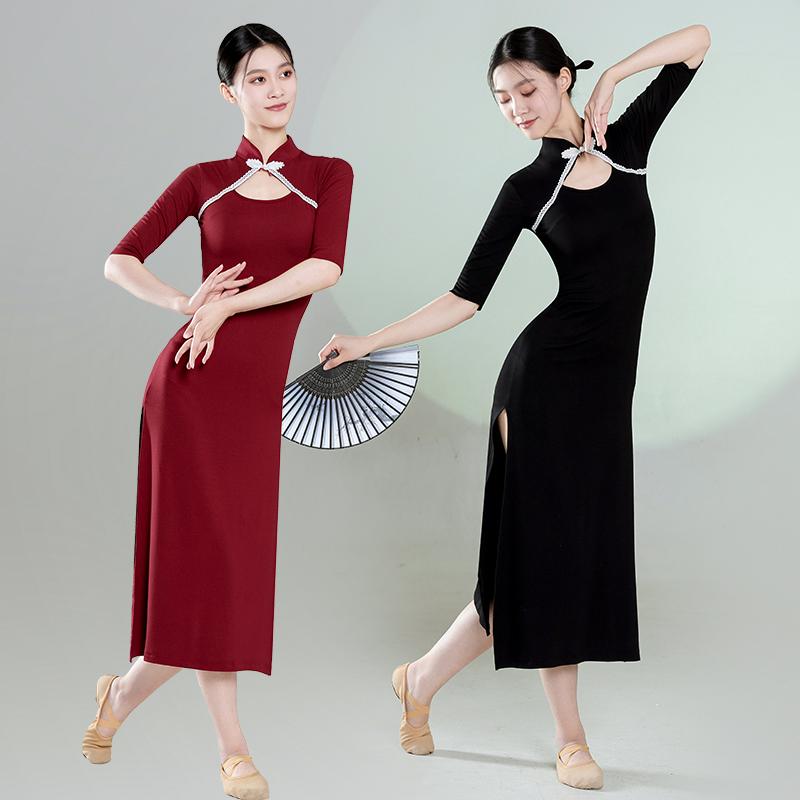 China Dress - チャイナ風 ワンピース 衣装 レディース おしゃれ 中国風 チャイナドレス スリット 半袖 スタンドカラー スリムフィット 舞台 ダンス 演奏会 クラシック