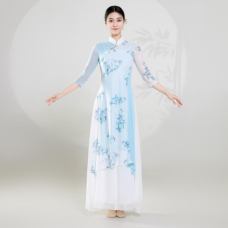 チャイナ風 トップス レディース おしゃれ ダンス 衣装 長袖 秋冬 弾力 メッシュ 民族舞台 演出 上品