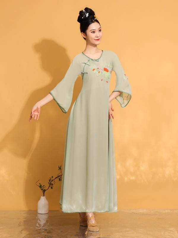 チャイナ風 レディース おしゃれ レトロ ダンスワンピース 衣装 ひらひら 榴火 少女 シンプル エレガント 長袖 ロング丈 舞台(4)