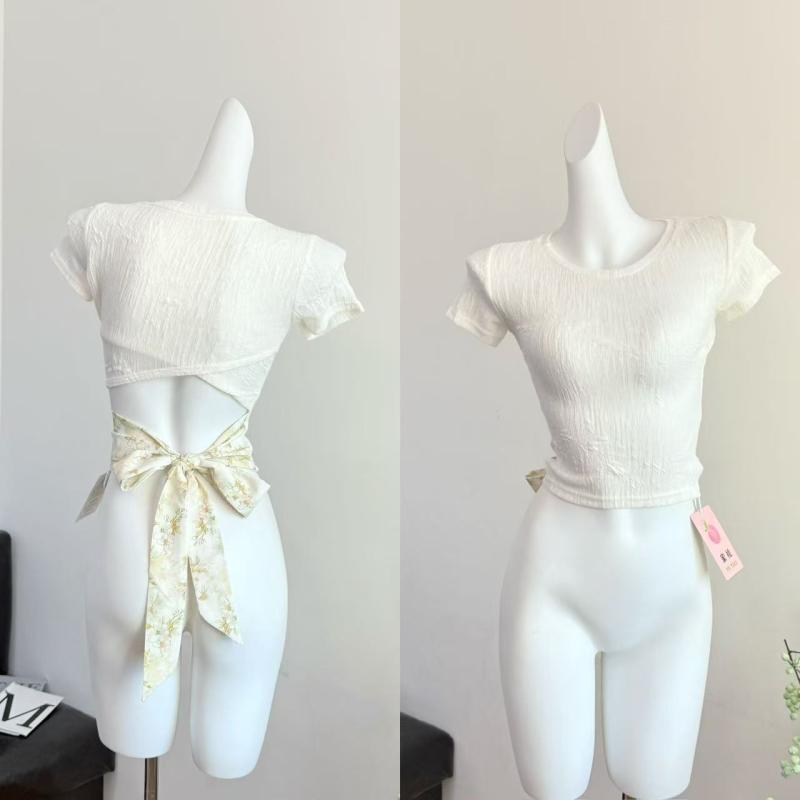 Other - Tシャツ レディース ショート丈 サテン リボン バックレス 背中開き 背中開き セクシー 鎖骨見せ 鎖骨開き 鎖骨強調 きれいめ 魅力的 トップス