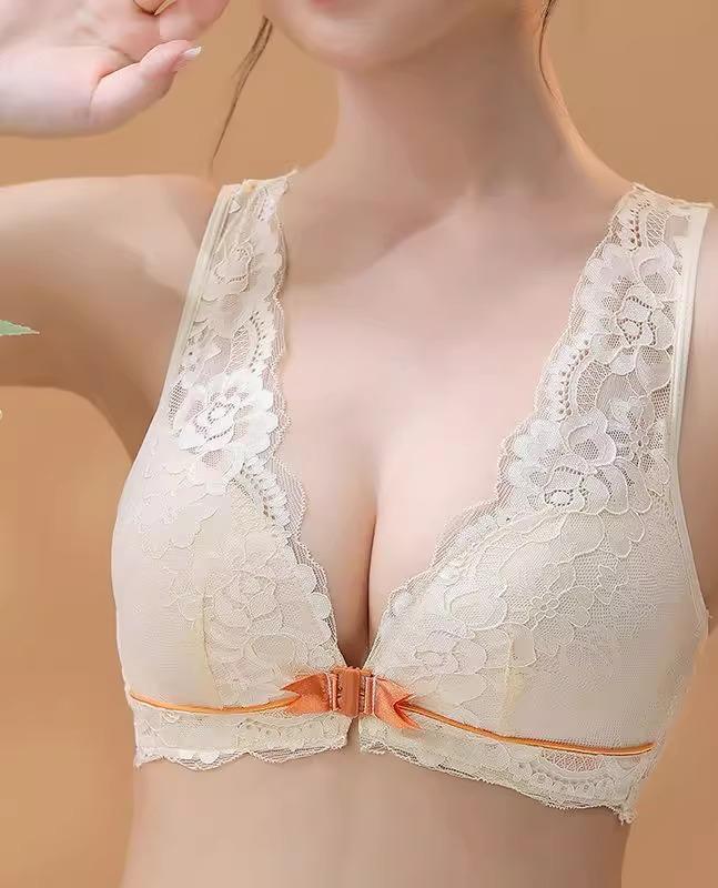 No-Wire Bra - ブラジャー レディース フロント ホック レース 美背 前留め 大きいサイズ 小さく見せる 谷間 サイドすっきり 盛り 上向き サポート ノンワイヤー