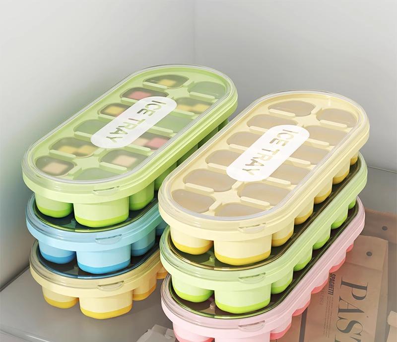 製氷皿 蓋つき シリコン 家庭用 冷凍 トレイ 緑 青 ピンク シンプル ナチュラル PP PS 柔らかい 厚手 ..