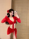 ビキニ 水着 レディース 4点セット ビーチ カバーアップ パレオ セクシー 長袖 日よけ 海水浴 プール リゾート シースルー ホルターネック 無地 赤 黒