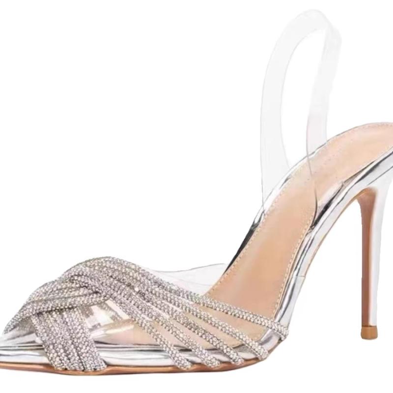 サンダル レディース おしゃれ 春夏 シルバー きらきら 透明 ストーン ポインテッドトゥ ミュール セクシー ハイヒール 細ヒール