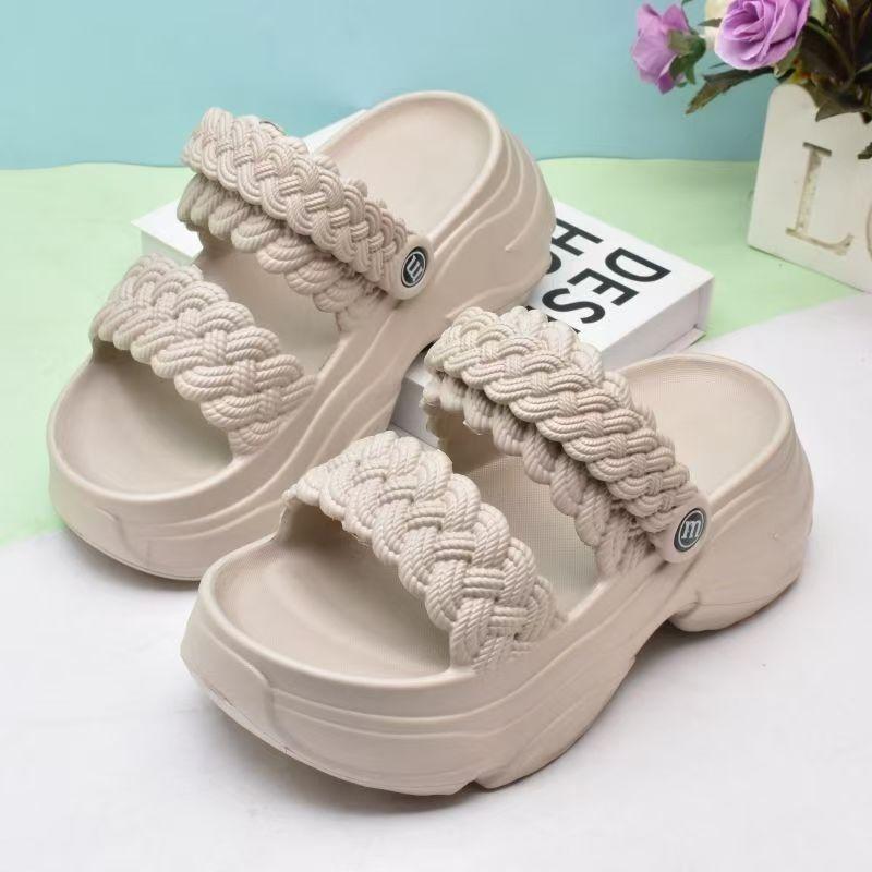 サンダル レディース おしゃれ 厚底 夏 編み込み シンプル 二層式 ハイヒール カジュアル ブラック