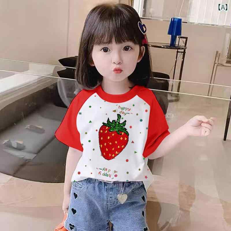 Tシャツ 子供 おしゃれ カジュアル 女の子 半袖 夏 いちご 変色 きらきら 薄手 綿 柄 かわいい