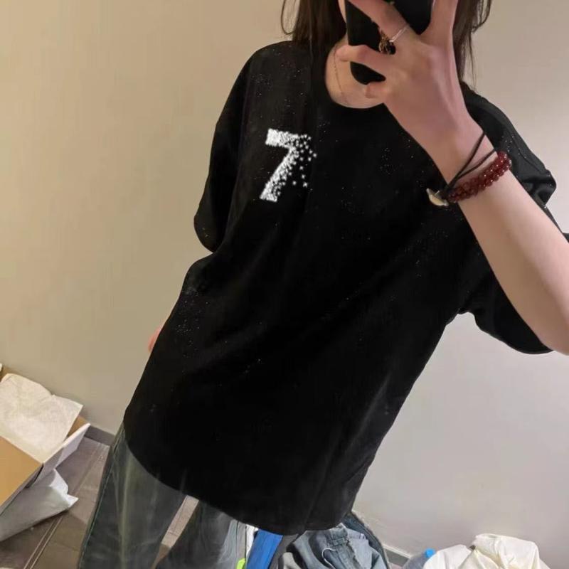 Print - Tシャツ レディース おしゃれ カジュアル 綿 星柄 反射 スパンコール 半袖 ゆったり 体型カバー 学院風 トップス