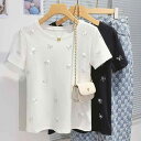 Tシャツ レディース おしゃれ カジュアル 白 黒 半袖 綿 きらきら ストーン 感 夏 トップス かわいい 立体装飾 きれいめ リボン柄
