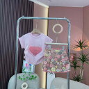 セットアップ 女の子 半袖 ハート スパンコール キラキラ Tシャツ タイトスカート 花柄 夏 かわいい