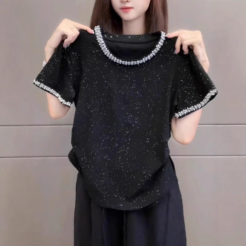 Tシャツ レディース おしゃれ カジュアル 大きいサイズ 半袖 韓国 きらきら ストーン 体型カバー スリム フェミニン