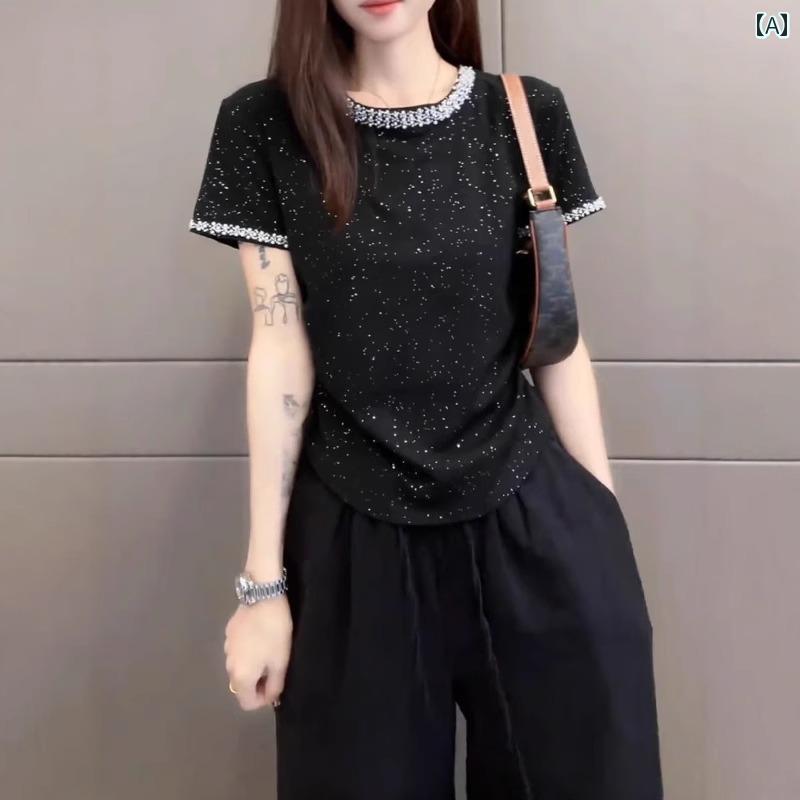 Tシャツ レディース おしゃれ カジュアル 大きいサイズ 半袖 韓国 きらきら ストーン 体型カバー スリム フェミニン