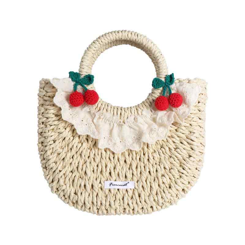 カゴバッグ レディース 夏 オープン 手提げ ショルダー 斜めがけ ポシェット ストロー ビーチ 普段使い かわいい レース サクランボ ベージュ
