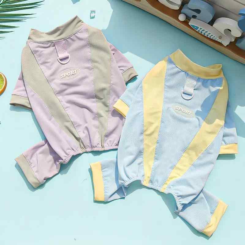 ペット服 犬 春夏 薄手 ひんやり 涼しい ベスト 四足 日焼け対策 通気性 小型 中型 ビションフリーゼ コーギー ポメラニアン 大きいサイズ シンプル 青 黄 グレー 英字