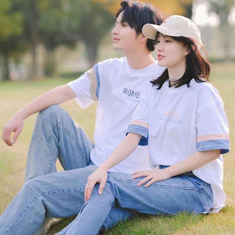 Other - カップル ペアルック tシャツ メンズ レディース 夏 フレンチ 半袖 ゆったり シンプル 綿 ポリウレタン ラウンドネック 青 白 ピンク セット おしゃれ おでかけ 普段使い 大きいサイズ
