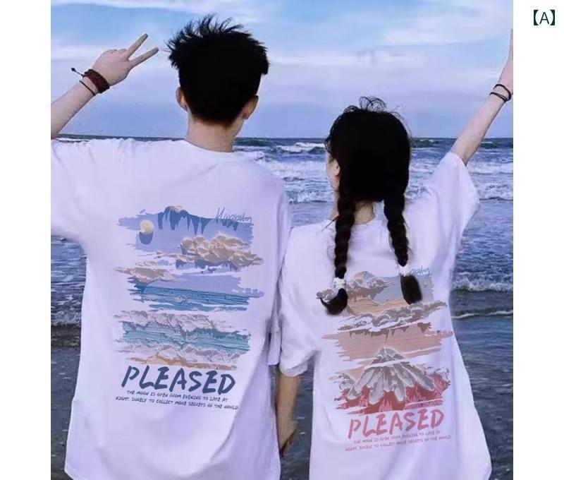 Three-Quarter - カップル ペアルック tシャツ メンズ レディース 夏 半袖 トップス プリント ゆったり 綿 ラウンドネック 大きいサイズ 通気性 柔らかい おしゃれ おでかけ 普段使い 黒 白 セット