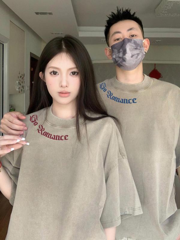 カップル ペアルック tシャツ メンズ レディース 衣装 夏 半袖 トップス ゆったり プリント 綿 ラウンドネック 大きいサイズ 白 黒 緑 おしゃれ おでかけ 普段使い カジュアル 通気性 柔らかい セット