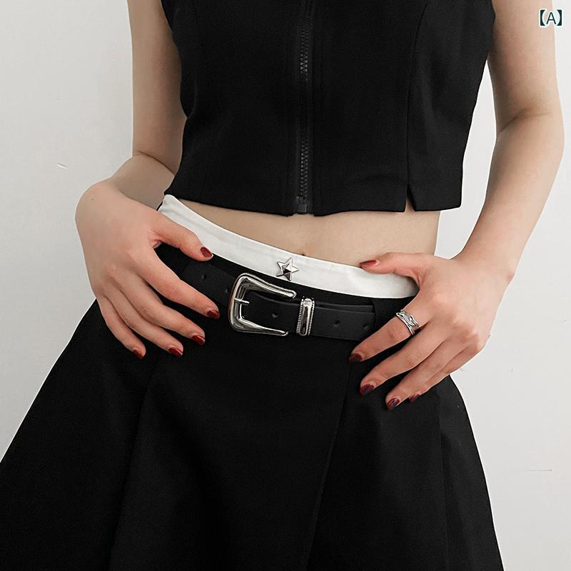 ベルト レディース おしゃれ カジュアル 夏 シンプル 韓国 合わせやすい フェイクレザー ブラック デニム スカート ヴィンテージ風