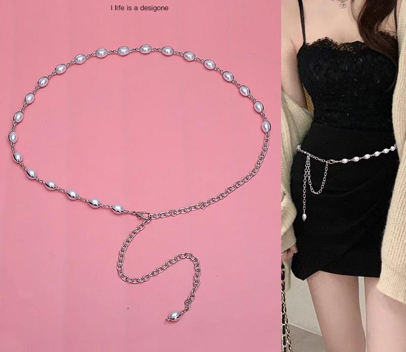 ベルト レディース おしゃれ カジュアル フェイクパール シルバー チェーン スリム ウエスト アクセサ..