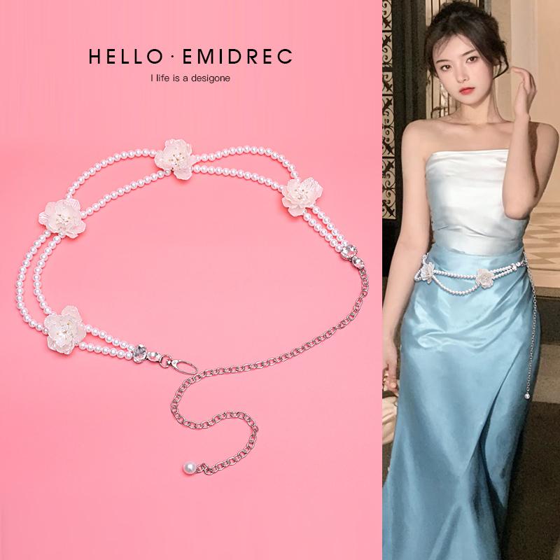 ベルト レディース おしゃれ カジュアル フェイクパール カメリア 夏 白 花モチーフ ウエストチェーン ドレス 装飾 かわいい