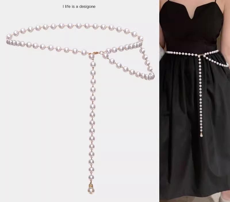 細ベルト レディース おしゃれ カジュアル パール 装飾 夏 上品 ウエストチェーン アクセサリー ドレス..