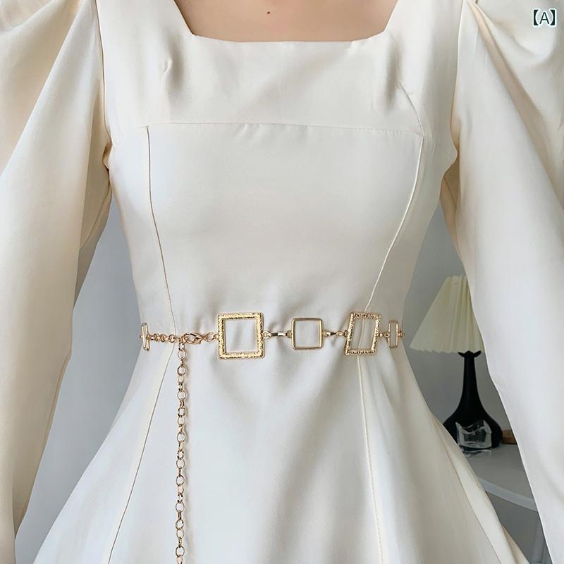 ベルト レディース おしゃれ カジュアル スクエア チェーン ゴールド 装飾 ウエスト 細見せ 夏 コーデ