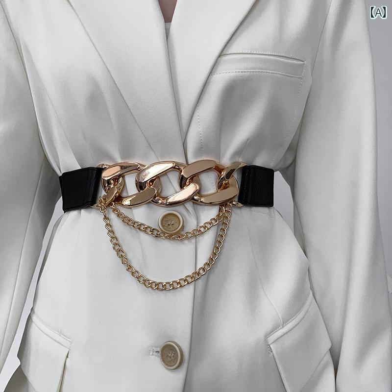 ベルト レディース おしゃれ カジュアル チェーン 装飾 ゴム 弾力 幅広 ウエストマーク アクセント オフィス ビジネス ワンピース 夏 秋