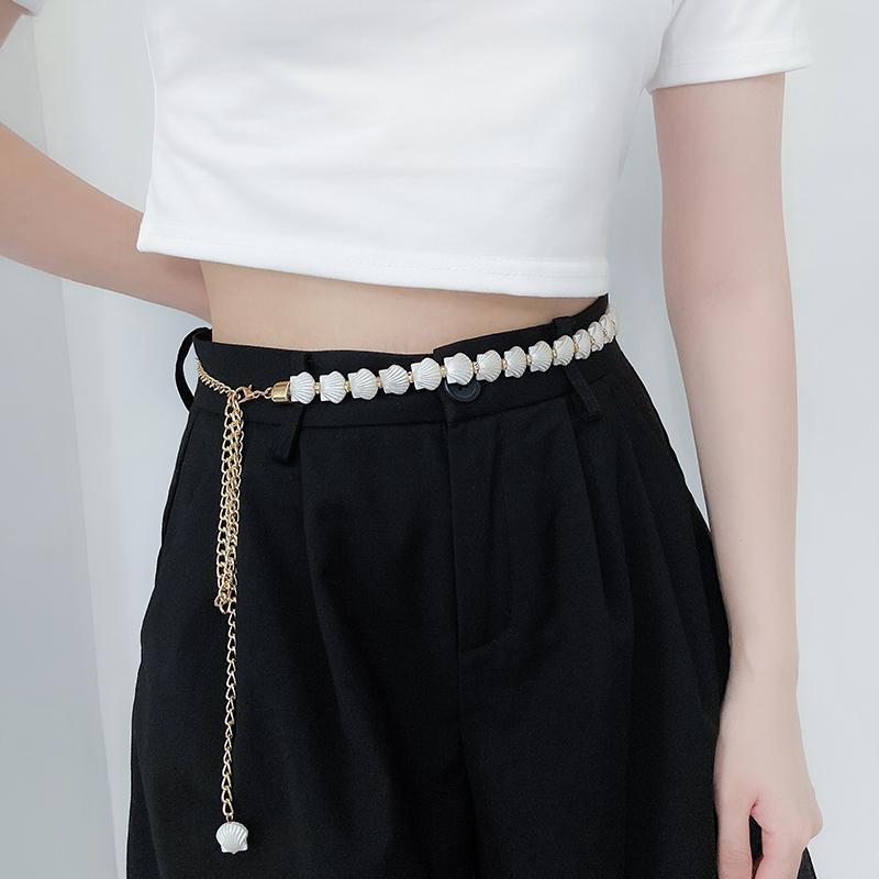 ベルト レディース おしゃれ カジュアル 夏 貝殻 チェーン 装飾 デニム ワンピース ヴィンテージ風