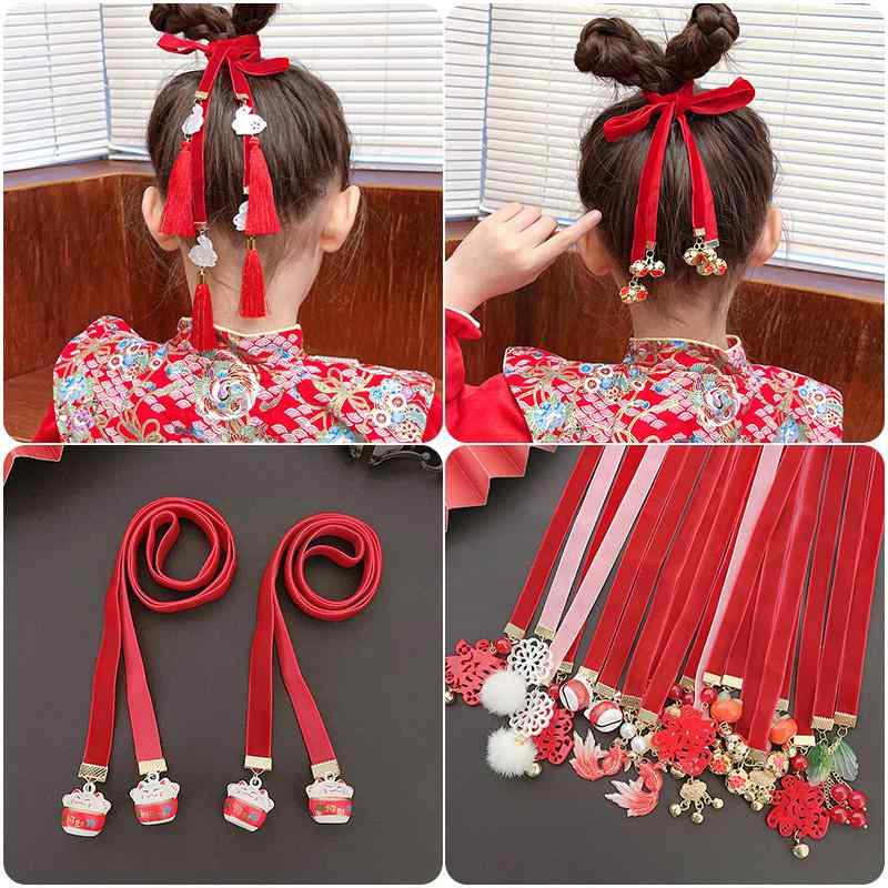 ヘアアクセサリー 子供 女の子 中国風 鈴 飾り リボン ロングタッセル 髪飾り かわいい 古風 正月 幼児 髪束 伝統 行事