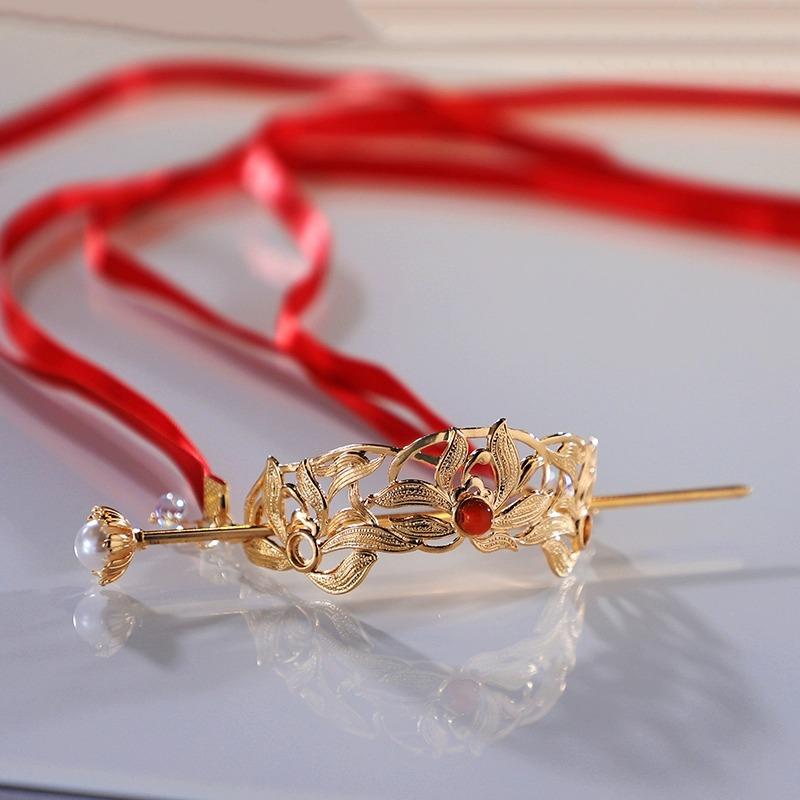 ヘアアクセサリー レディース 赤 リボン 蓮花 モチーフ 古風 飾り 髪飾り 中国風 マーメンスカート アクセサリー