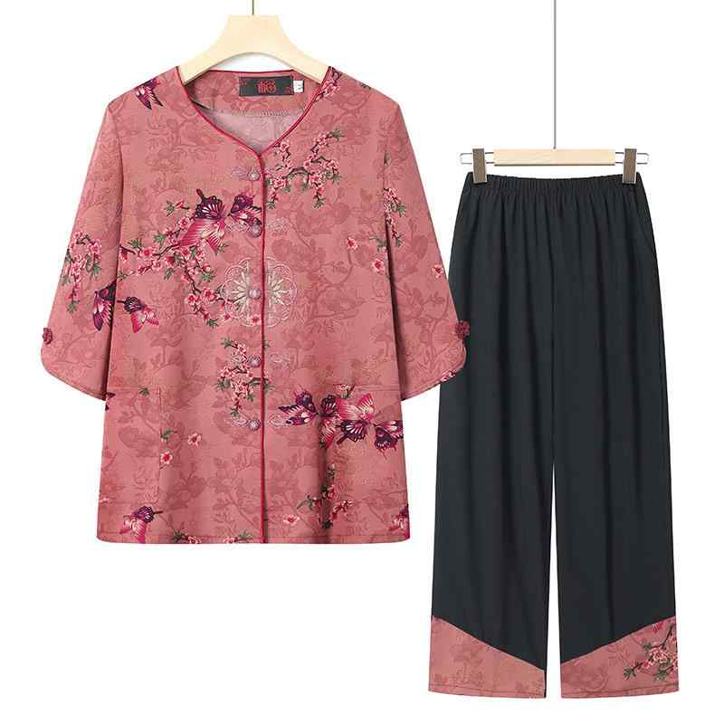 セットアップ レディース おしゃれ 快適 シニア 花柄 七分袖 シャツ ゆったり 夏 涼しい 上品 母親 プレゼント 長ズボン ズボン 60代 70代