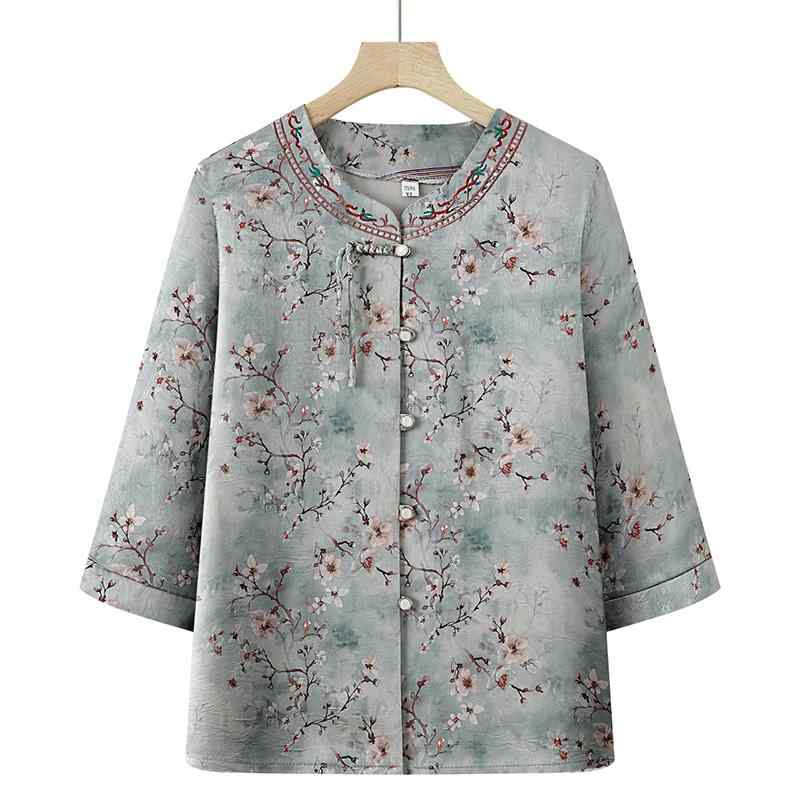 Three-Quarter - シャツ レディース おしゃれ 快適 シニア 七分袖 刺繍 花柄 中華風 ラウンドネック ゆったり 大きいサイズ 60代 70代 春夏 上品
