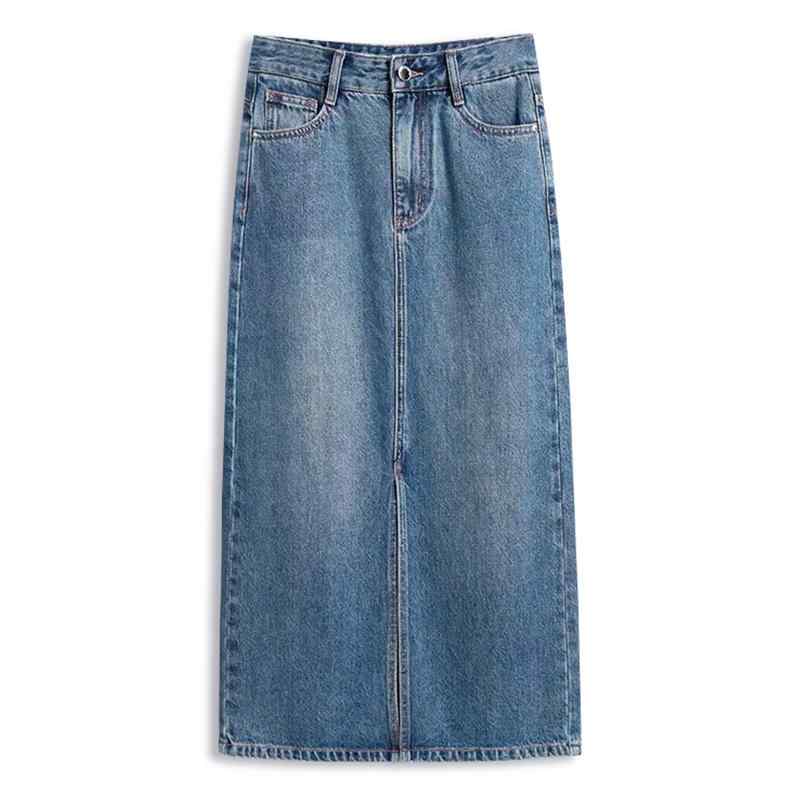 デニムスカート レディース おしゃれ カジュアル 夏 ハイウエスト ヴィンテージ風 スリット Aライン ミモレ丈 ゆったり スリム効果