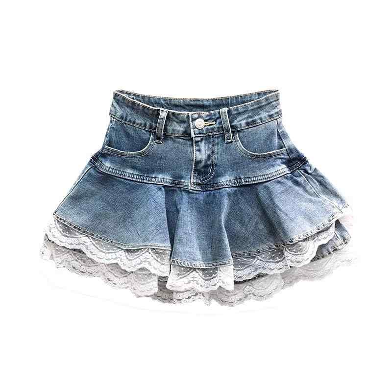 デニムスカート レディース おしゃれ カジュアル ブルー ハイウエスト レース切り替え Aライン フリル 春夏 若見え 可愛い