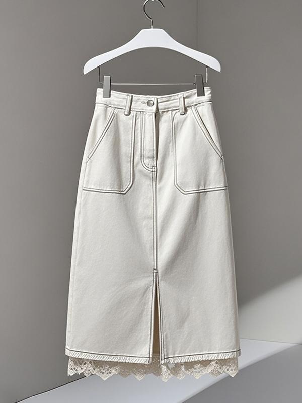 デニムスカート レディース おしゃれ カジュアル 白 ハイウエスト ストレート 夏 レース 切替 絶美 スリット
